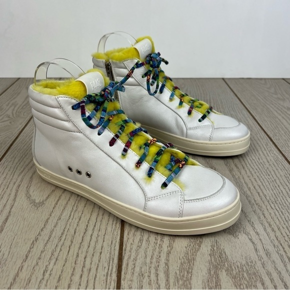 P448 Faux Fur Lined Fanti High Top Sneakers 38 Yellow/Grey Silver $348